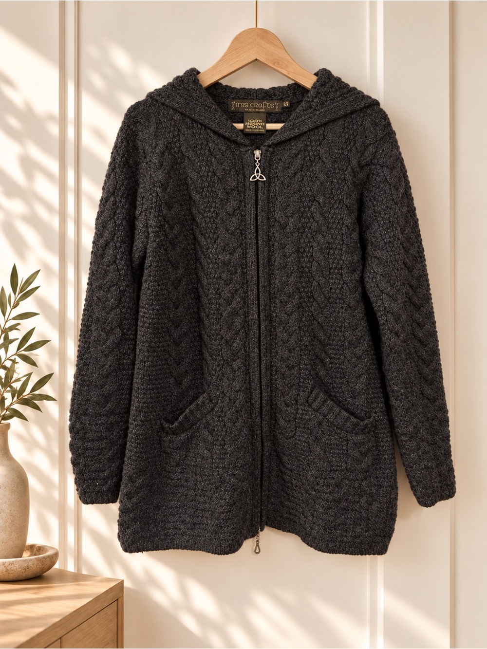 Inis Crafts 100% Merino Wool Hooded Zip Cardigan - Charcoal, Womens Small